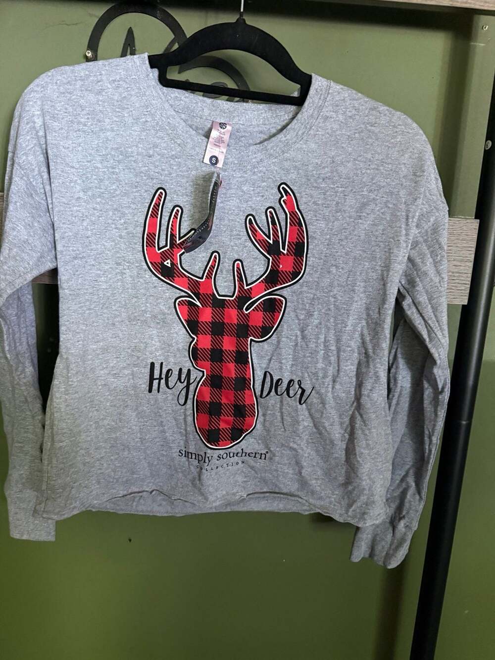 Simply Southern Grey Long Sleeve "Hey Deer" Buffalo Plaid T-Shirt